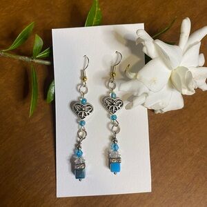 Silver and Blue Heart Dangle Earrings